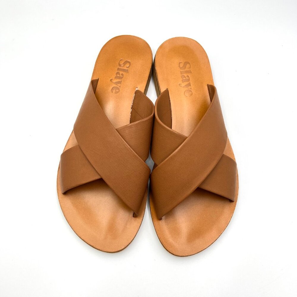 Slaye Womens EU 37 US‎ 7 Brown Leather Slip On Sandals Slides Shoes - Picture 3 of 13